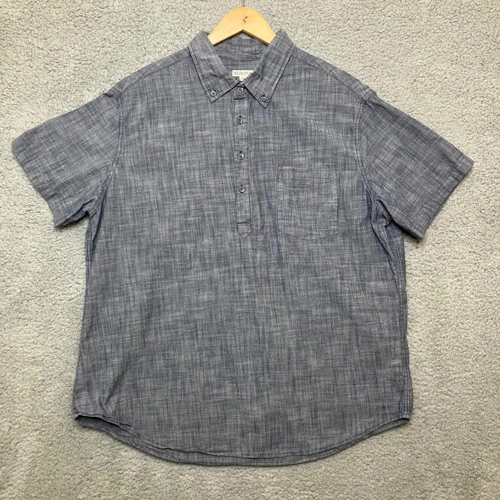 Merona Henley Pullover Shirt Men XXL Blue Chambray Short Sleeve Cotton Beach